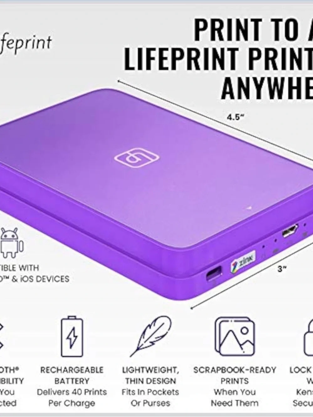 White Portable Photo & Video Printer for iPhone - Bluetooth Instant Prints